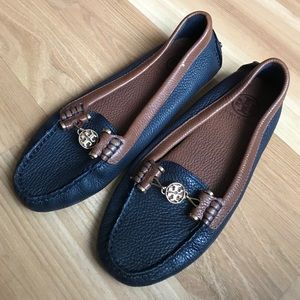 Tory Burch Pebbled Leather Loaders Navy/Tan